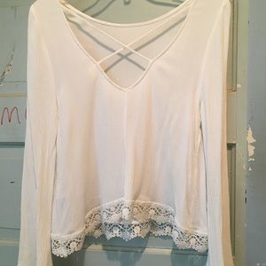 White long sleeve blouse with lace crochet trim